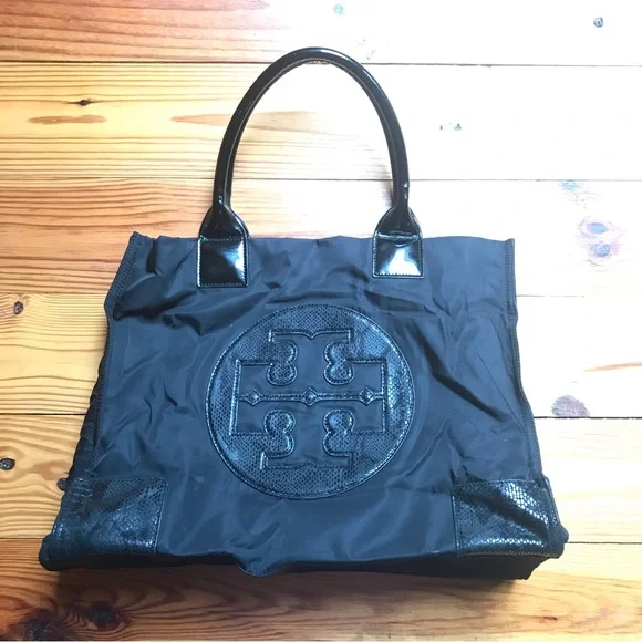 Tory Burch Ella Black Leather Nylon Tote Bag, EUC, 16.5”